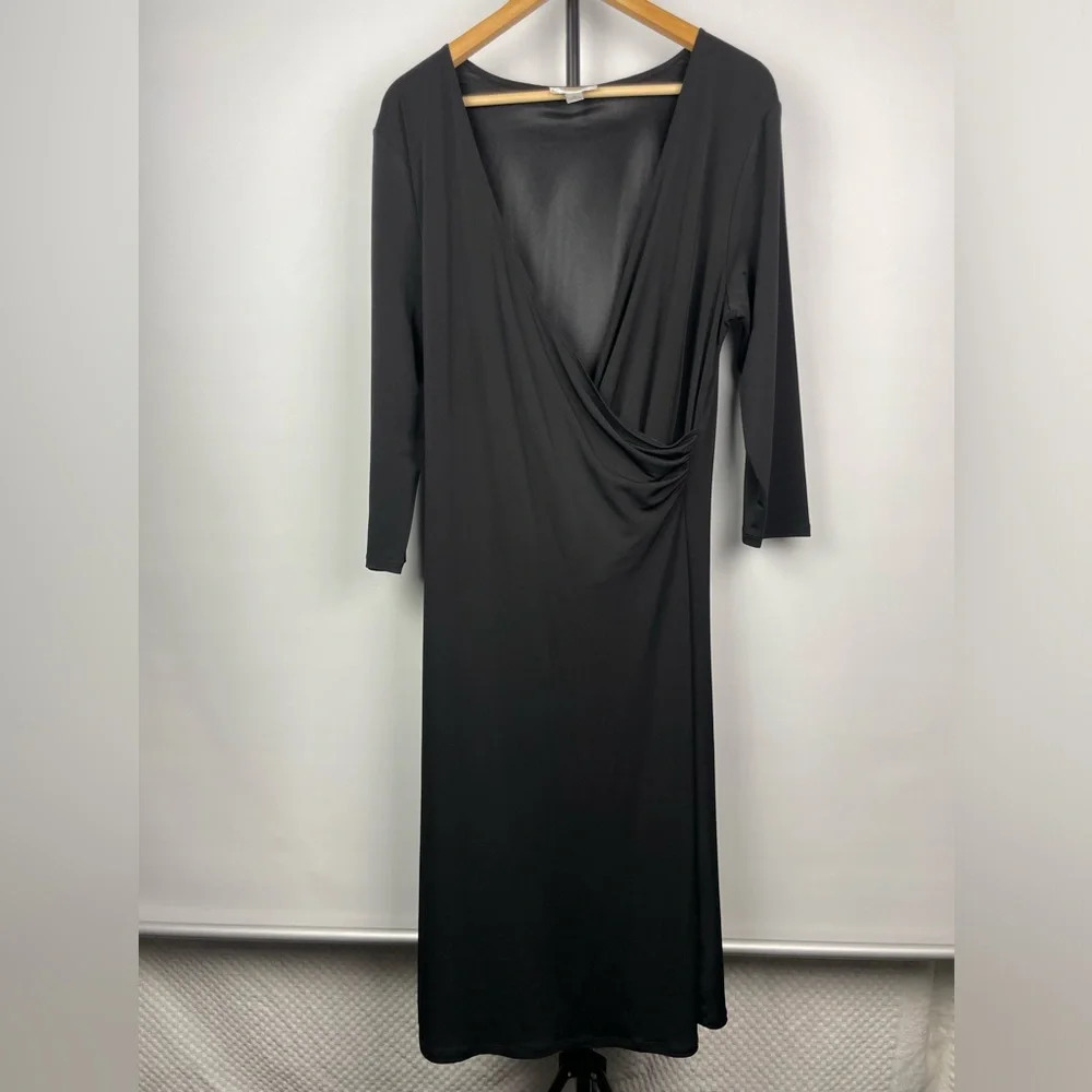 Vintage Talbots Black Slinky Faux Wrap V-Neck Dress